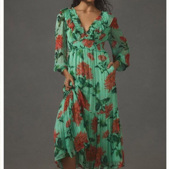 NWOT Anthropologie Odetta Ruffled V-Neck Dress Small Dark Green -Light Sea Green - Picture 1 of 11